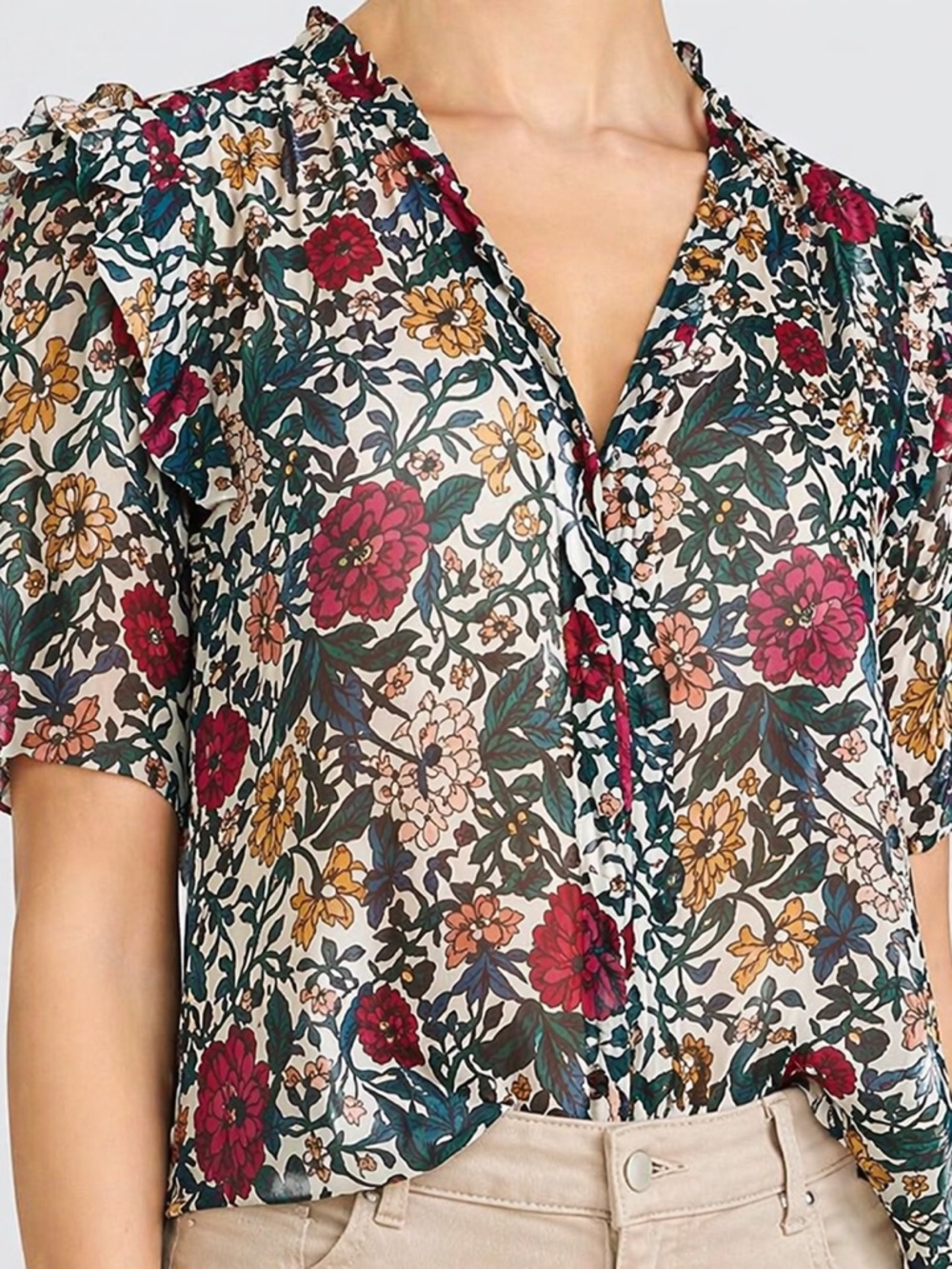 Veronica Beard Floral V-Neck Blouse in Green, Red & Yellow